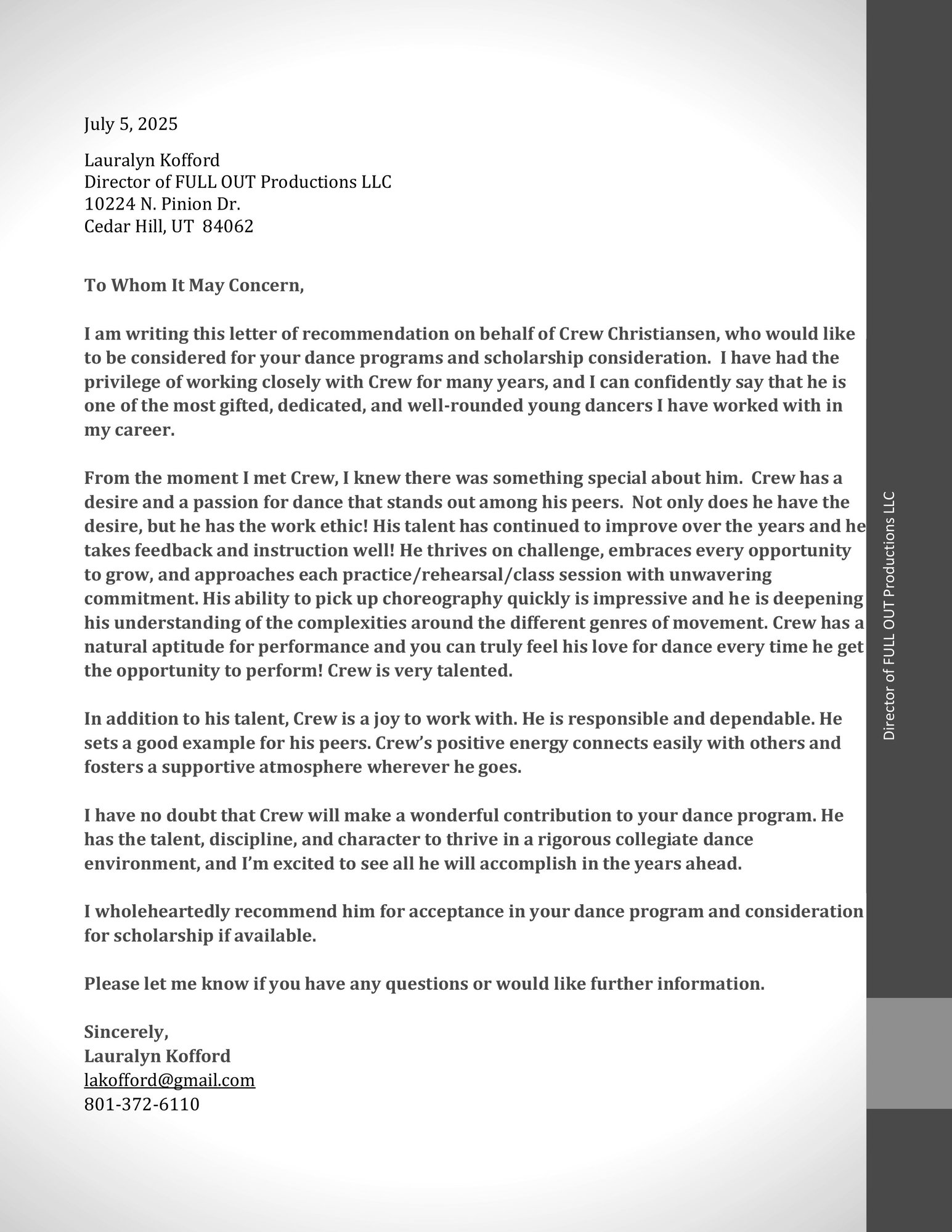 Letter of Recommendation for Crew Christiansen 25
